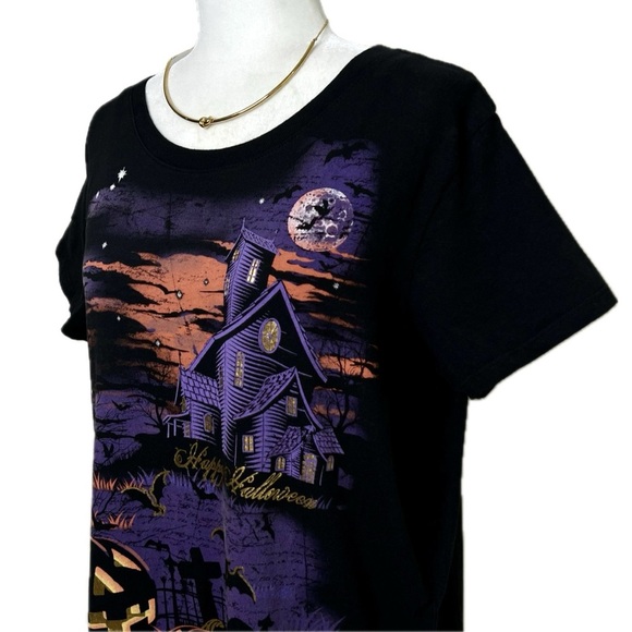 Halloween Graphic Tee Spooky Haunted House Pumpkins Bats Cotton Black 2X 18W 20W - Picture 3 of 12